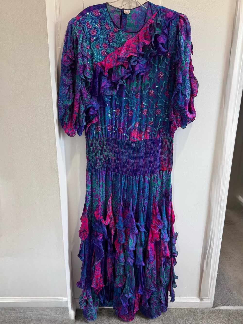 Vintage Silk Sequined Beaded Ruffled Floral Smocked Maxi Dress - Whimsical Fairy